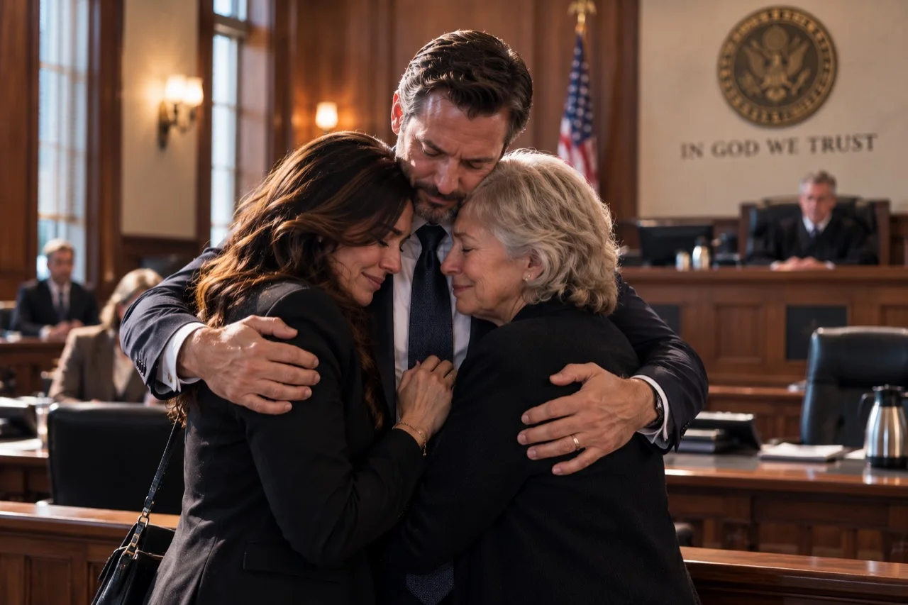 A legal professional supporting two family members after a courtroom proceeding.
