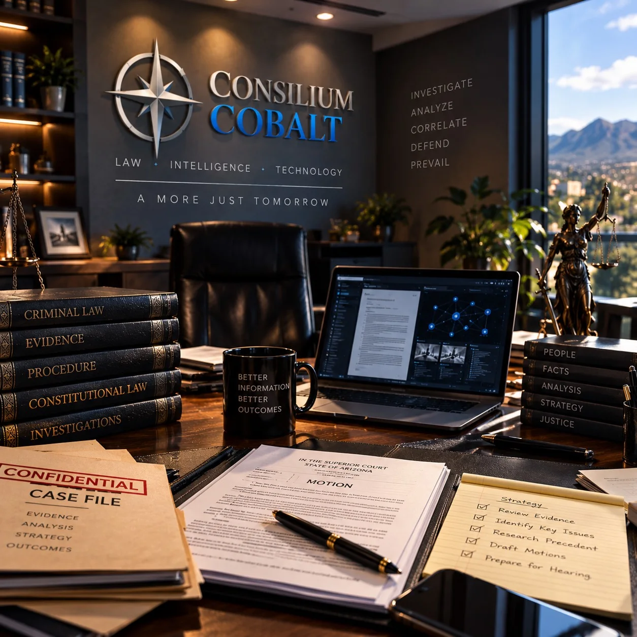 A case-analysis desk with legal authorities, a confidential case file, and a connected evidence workspace.