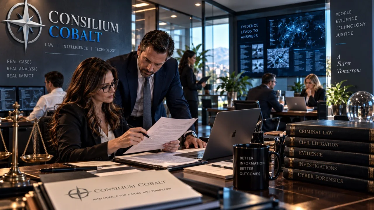 A legal team reviewing case materials beside analytical displays in a modern case workspace.