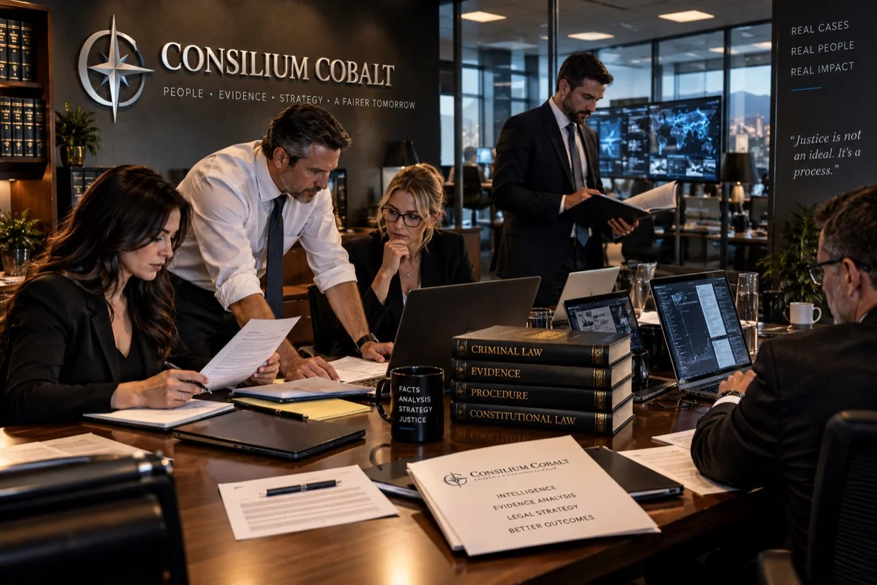 A multidisciplinary legal team examining records and analytical workstations together.